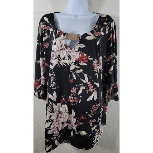 A.U.W  Secret Charm Black Pink Floral Top 2X Plus Lightweight New With Tags Soft - Picture 1 of 6